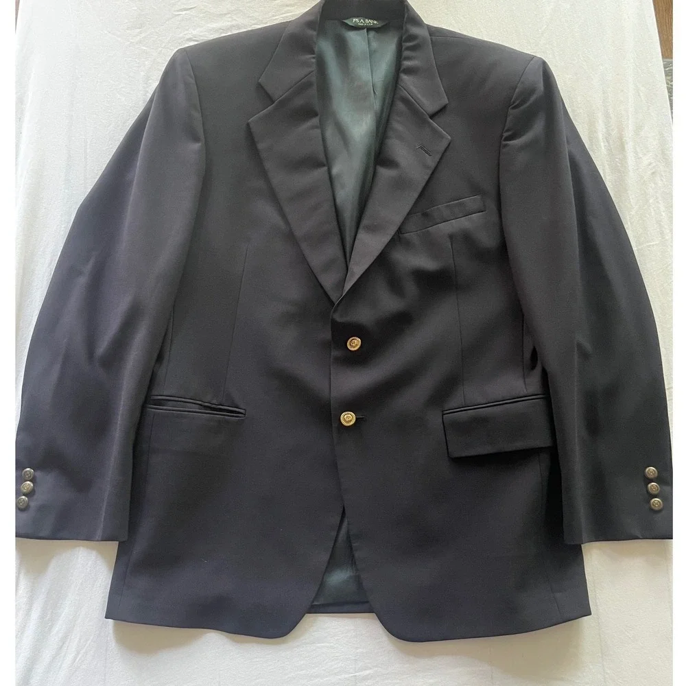 Jos‎ A Bank Travelers Collection Navy Blue Wool Blazer 2 Gold Buttons 42R Preppy